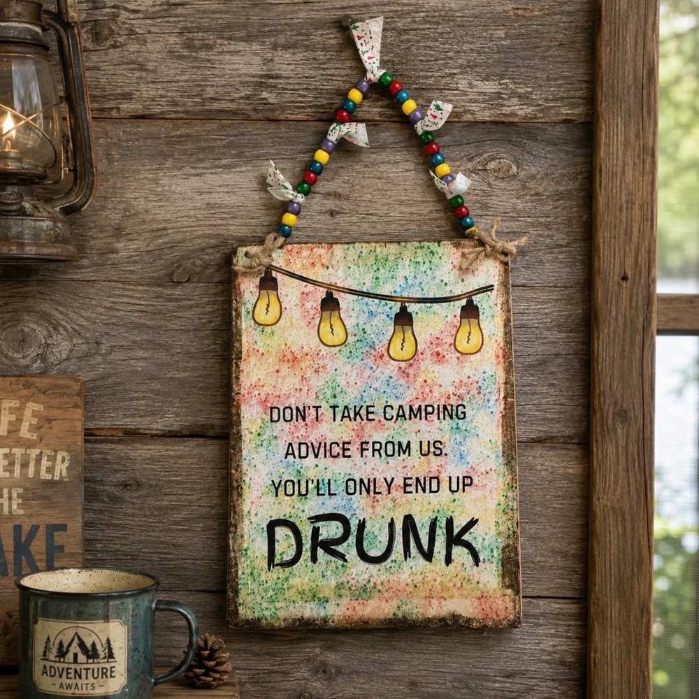 Handmade Funny Camping Advice Drunk Wood Wall Sign Beaded Hanger 11.5x9 NEW